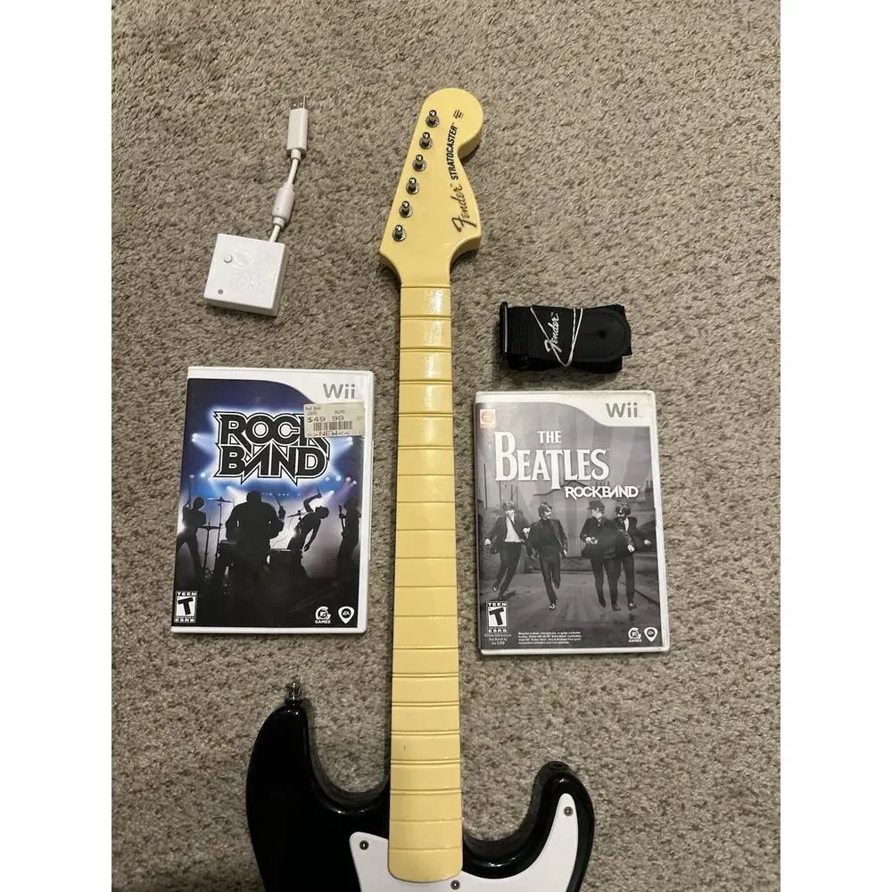 Nintendo Wii Rock Band Guitar w Dongle Strap 2 Games RockBand Beatles Tested